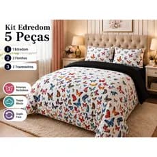 Kit Edredom Casal 5 Peças 100% Algodão com 2 Fronhas e 2 Travesseiros – Estampado Macio Confortável