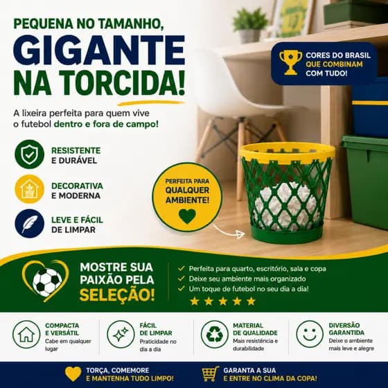 Lixeira Decorativa Brasil Coleta Seletição Papel Escritorio Empresa Home Office Plastico Design Moderno Verde Amarela