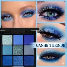 Paleta de Sombras 9 tons - Alta Pigmentação Cintilante azul + Brinde