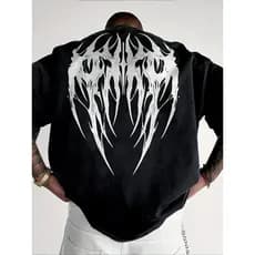 Camiseta 100% algodao Casual de Manga Curta com Estampa Estilo Gótico em Formato de Asa, Moda Jovem Masculina
