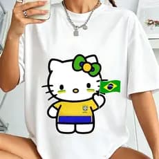 Camiseta Feminina Brasil Copa 100% Algodão Hello Kit Bandeira Estilosa Divertida  Promoção