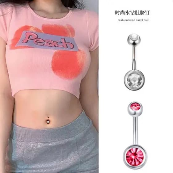 | 【piercing umbigo】 | bijuterias femininas ♜Haste de Banana de aço inoxidável, bola de diamante pegajosa de duas cabeças