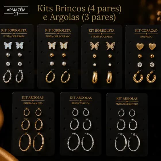 Kits Brincos (4 pares) e Argolas (3 pares) - Folheados - Primeiro a Terceiro Furos