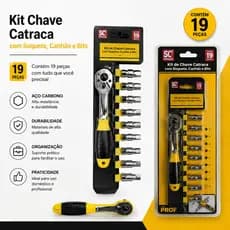 Kit Chave Catraca 19 Peças Soquete Bits Canhão