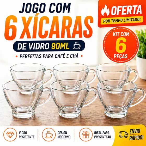 Jogo 6 Xícaras Vidro 90ml Café Chá – Kit Completo Resistente Cozinha Moderna