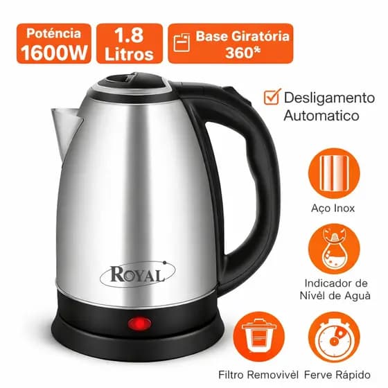 Chaleira Elétrica Royal Inox 1.8L 1600W KES4116-GS 220V Desligamento Automático Base 360°