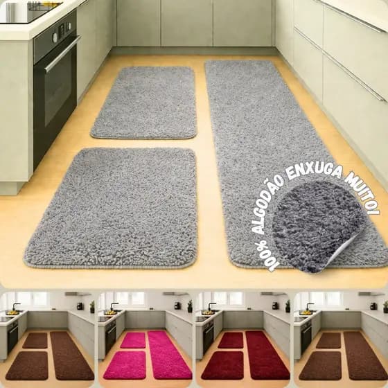 Jogo Tapete de Cozinha Quarto Corredor Passadeira Soft Jogo 3 Peças Macio Conforto Algodão