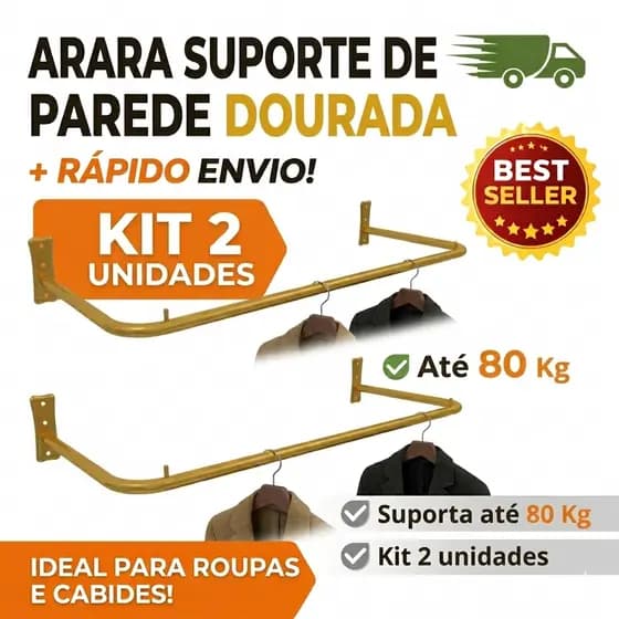 Kit 2 Araras de Roupa Fixa Para Lojas Closets Provadores Suporte Para Cabides - Aço 70cm