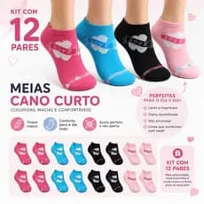 Kit 12 Pares Meia Feminina Cano Curto Soquete Confortável Sortida Dia a Dia coloridas.