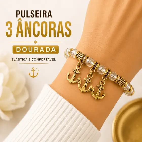 Pulseira 3 Âncoras Douradas Cristal Acrílico Elástica Mística Proteção