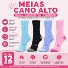 Kit 12 Pares Meias Femininas Cano Alto Macias Confortáveis Resistentes Cores Sortidas 35-41