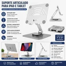 Suporte Articulado para iPad e Tablet em Alumínio com Ajuste de Altura e Rotação 360°