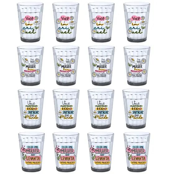 Kit Jogo 16 Copos Americano Nadir 190ml Vidro Transparente - Decorado Presente Mulher