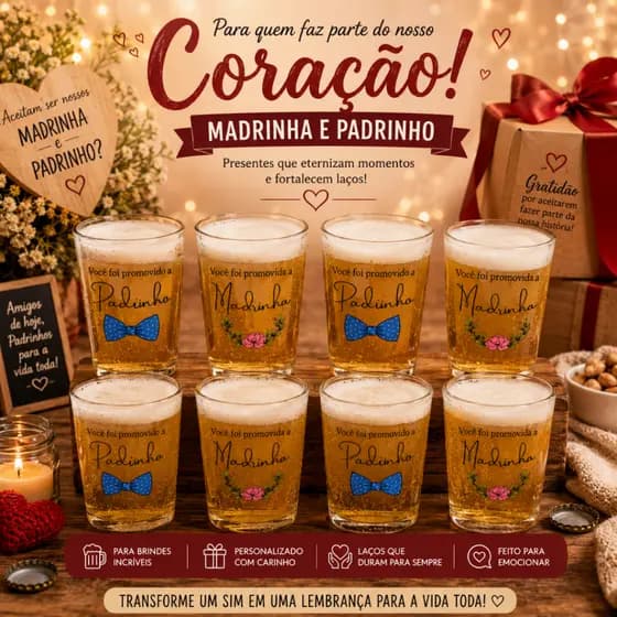 Kit Jogo Par Madrinha e Padrinho 2 Copos Personalizados Decoração Casamento - Festas