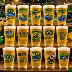 Kit 15 Copos Variado Frases Copa Do Mundo Jogo Futebol Brasil Vidro 190ml Hexa Bares Festas