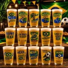 Kit Jogo 10 Copos Copa Do Mundo Sortidos Vidro 190ml Festas Frases Brasil Bares Hexa Figurinhas