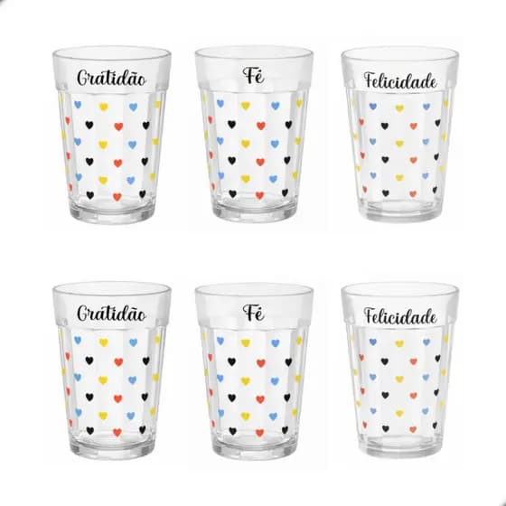 Kit 6 Copos Americanos Vidro 190ml Transparente Gratidão Fé Felicidade Decoração