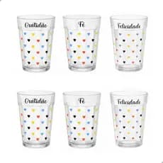 Kit 6 Copos Americanos Vidro 190ml Transparente Gratidão Fé Felicidade Decoração