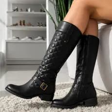 Bota Feminina Montaria RODEO Bico Fino Cano Alto Confortável Salto Baixo Bloco Preto Pronta Entrega