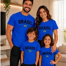 Kit Família Camiseta Brasil Azul Copa 2026 Pai Mãe Filho Algodão Envio 24h Tamanho no Chat