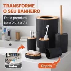 Kit Banheiro 6 Peças Bambu Preto Completo Acessórios Banheiro Porta Escova Saboneteira Lixeira