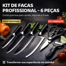 Jogo de Facas Inox Profissional 6 Peças Kit Facas Cozinha Chef com Tesoura e Descascador Preto