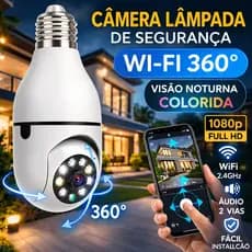 Câmera Lâmpada WiFi 360° 1080p Full HD Visão Noturna Colorida Áudio 2 Vias IP44