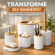 Kit Banheiro 6 Peças Bambu Branco Completo Acessórios Banheiro Porta Escova Saboneteira Lixeira