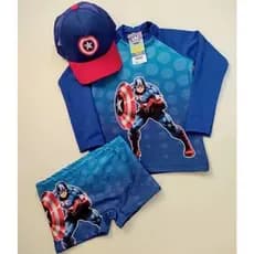 Conjunto UV Infantil Camisa Sunga e Boné para Menino UV50 Praia e Piscina Capitão América