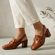 Sapato Slingback Mule Loafer Feminino Salto Bloco Fivela Dourada Elegante Confortável Social Moda