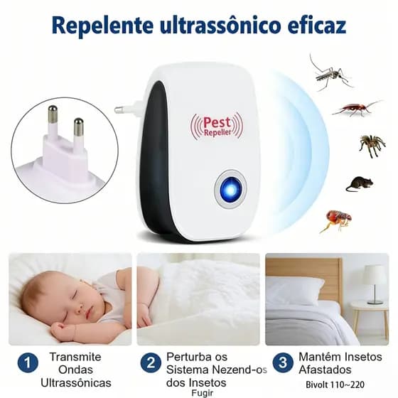 Repelente eletrônico de insetos e roedores | Ultrassom potente | Protege a casa, a cozinha e o quarto | Dupla voltagem