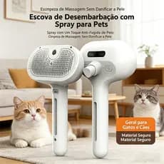 Escova de Vapor 3 em 1 para Pets - Spray Anti-Estática, Massagem e Remoção de Pêlos para Gatos e Cães Recarregável USB