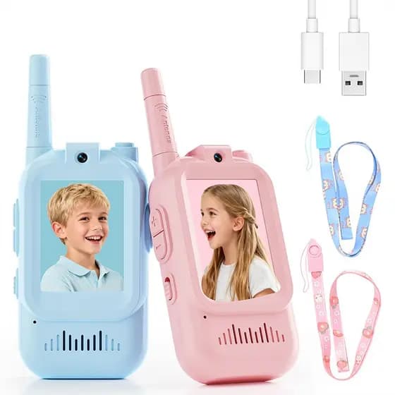 Walkie-Talkie Infantil com Vídeo Radio de Comunicação Sem Fio Tela LCD 3 Modos de Voz Alcance 400m - 1 Azul + 1 Rosa