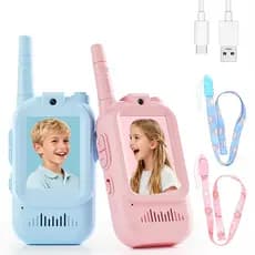 Walkie-Talkie Infantil com Vídeo Radio de Comunicação Sem Fio Tela LCD 3 Modos de Voz Alcance 400m - 1 Azul + 1 Rosa