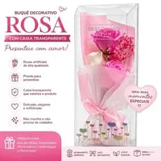 Buquê Rosa Artificial Com Caixa Transparente Presente