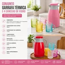 Kit Garrafa Térmica 1 Litro Com 4 Canecas 190ml De Vidro Para Café Chá E Bebidas Frias Fratelli