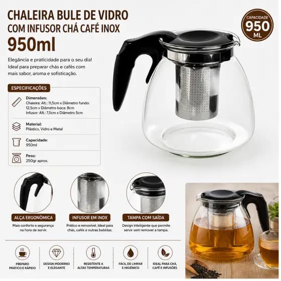Chaleira Infusora De Chá Bule De Vidro Com Infusor Inox 950ml
