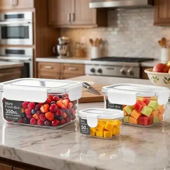 Conjunto 3 Potes Herméticos Retangulares Tampa de Vedação Silicone Trava Segura Conserva Alimentos