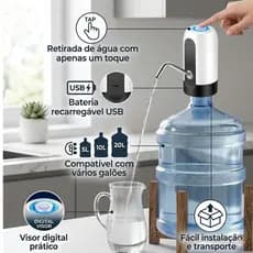 Bomba Elétrica Portátil Recarregável USB para Galão de Água Preta Compatível com Galões de 10L 20L e 50L
