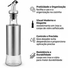 Galheteiro Dispensador 300ml Garrafa de Vidro com Tampa Inox para Óleo Vinagre e Temperos