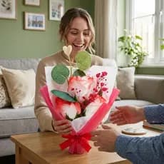 Buquê Decorativo Com Rosa Artificial 24cm Vermelho Dia das maes e namorados durável delicado