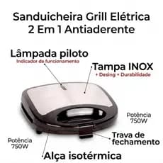 Sanduicheira Grill Elétrica 2 em 1 750W Antiaderente Prensa Dupla para Lanches Carnes e Grelhados