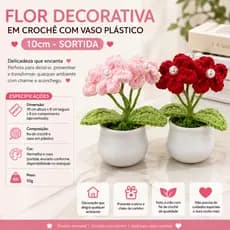 Flor Artificial de Crochê Com Vaso Pequeno de Plástico 10cm Decora Ambiente Presente