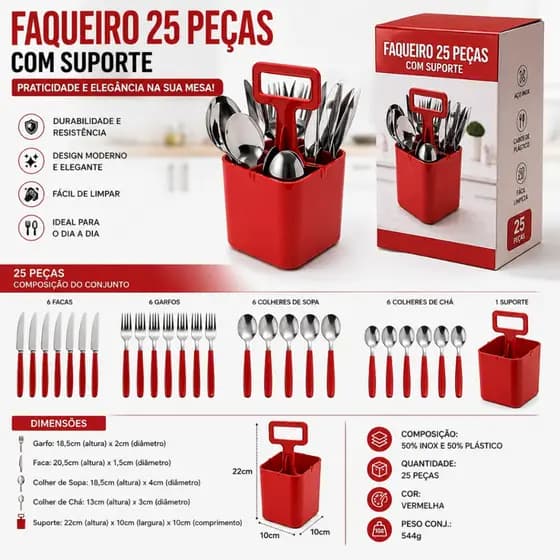 Jogo 25 Talheres Verona Faqueiro Inox Com Suporte Para Talher