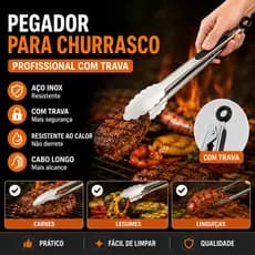 Pegador para Churrasco Profissional Com Trava Longa Aço Inox Para Alimentos Pegador Churrasco