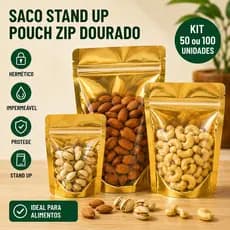 Saco Stand Up Pouch Zip Dourado Brilhante Hermético Impermeável Metalizado para alimentos kit 50/100 unidades