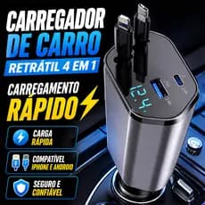 Carregador Rápido para Carro 4 em 1, Carregador de carro retrátil, para iPhone e Android