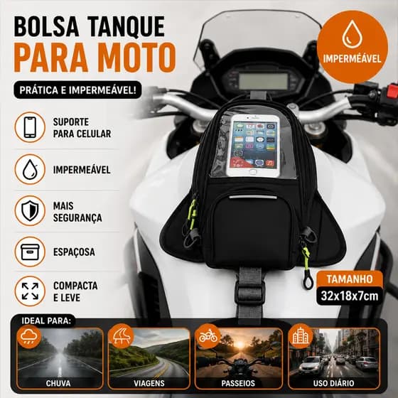 Bolsa Tanque Para Moto Impermeável Universal Suporte Celular Transparente Motocicleta 32x18x7cm Preto