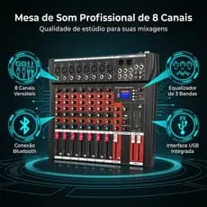 VEDO Console De Mixagem Digital 8 Canais Mesas de Som Bluetooth USB Mixer Mp3 Player Phantom +48V Integrada 110/220V