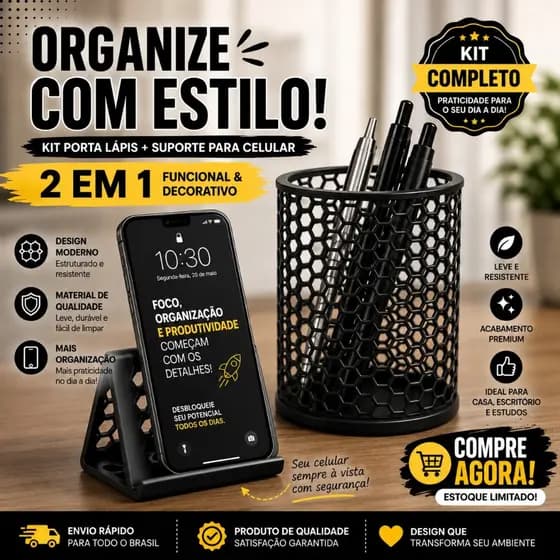 Kit Organizador Mesa Porta Lápis Caneta + Suporte Celular | Organizador de Mesa | Porta Lápis | Porta Canetas | Suporte